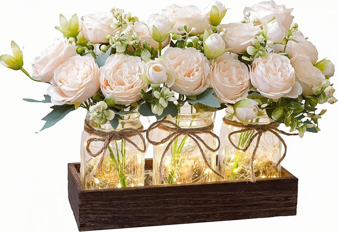 LUEUR Mason Jar Lights Centerpiece with Farmhouse Wood Tray  3 Jars with Champagne Peony Spring Flowers, Spring & Summer Wedding Decoration for Dining Table, Coffee Table, Kitchen & Living Room