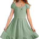 blibean Teen Girls Cotton Dress Smocked Sundress with Pocket 6-15 Years (12-13 Years, A Green)