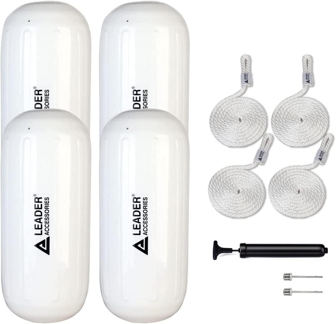Leader Accessories Boat Fender 4 Pack Boat Bumpers Hole Through Middle Ribbed Inflatable Includes 3/8'' Fender Lines Pack od 4 and Pump to Inflate