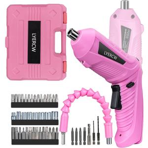 Pink Cordless Screwdriver Set with Rechargeable Battery and Charger, Rotating Handle, LED Light, 47PCS Drill/Driver Accessories, Lightweight and Portable Electric Screwdriver for Women