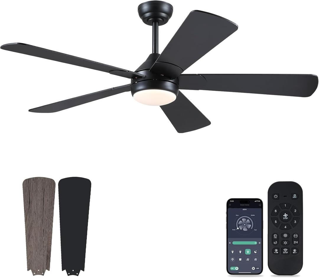 Asyko 52" Low Profile Ceiling Fan, Black Modern Ceiling Fans with Lights and Remote, 5 Dual-Sided Fan Blades and Reversible, Low Profile Ceiling Fan Light for Indoor and Outdoor Covered Patios