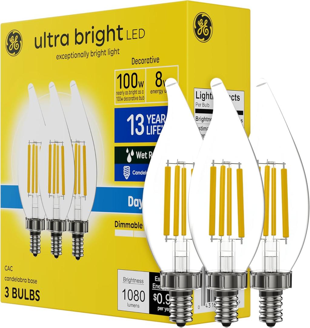 GE Ultra Bright LED Light Bulbs, 100W, Daylight Candle Lights, Clear Decorative CA12 Light Bulbs, Candelabara Base (3 Pack)