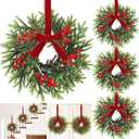 4 Pcs Mini Christmas Wreath for Cabinets Kitchen, 11 Inch Hanging Small Christmas Wreaths with Red Bows Cedar Branchs Red Berry Clusters for Kitchen Cabinet Fireplace Window Front Door Wall Decor