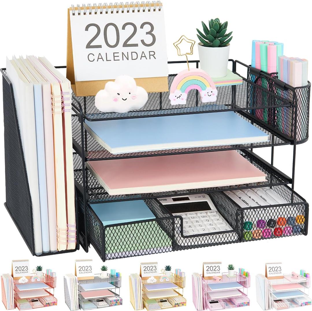 Desk Organizer and Accessories, 4-Tier Desktop File Organizer with Drawer and 2 Pen Holders, Office Desk Accessories for Office Supplies(Black)