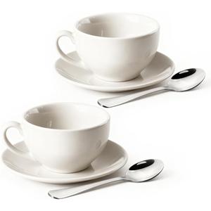 Porcelain Coffee Cup with Saucer 220ml/7.3oz for Cappuccino, Latte, and Tea, White, Set of 2