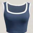 SHENHE Women's Sleeveless Scoop Neck Tank Top White Striped Knit Basic Tight Crop Tops (Blue, L)