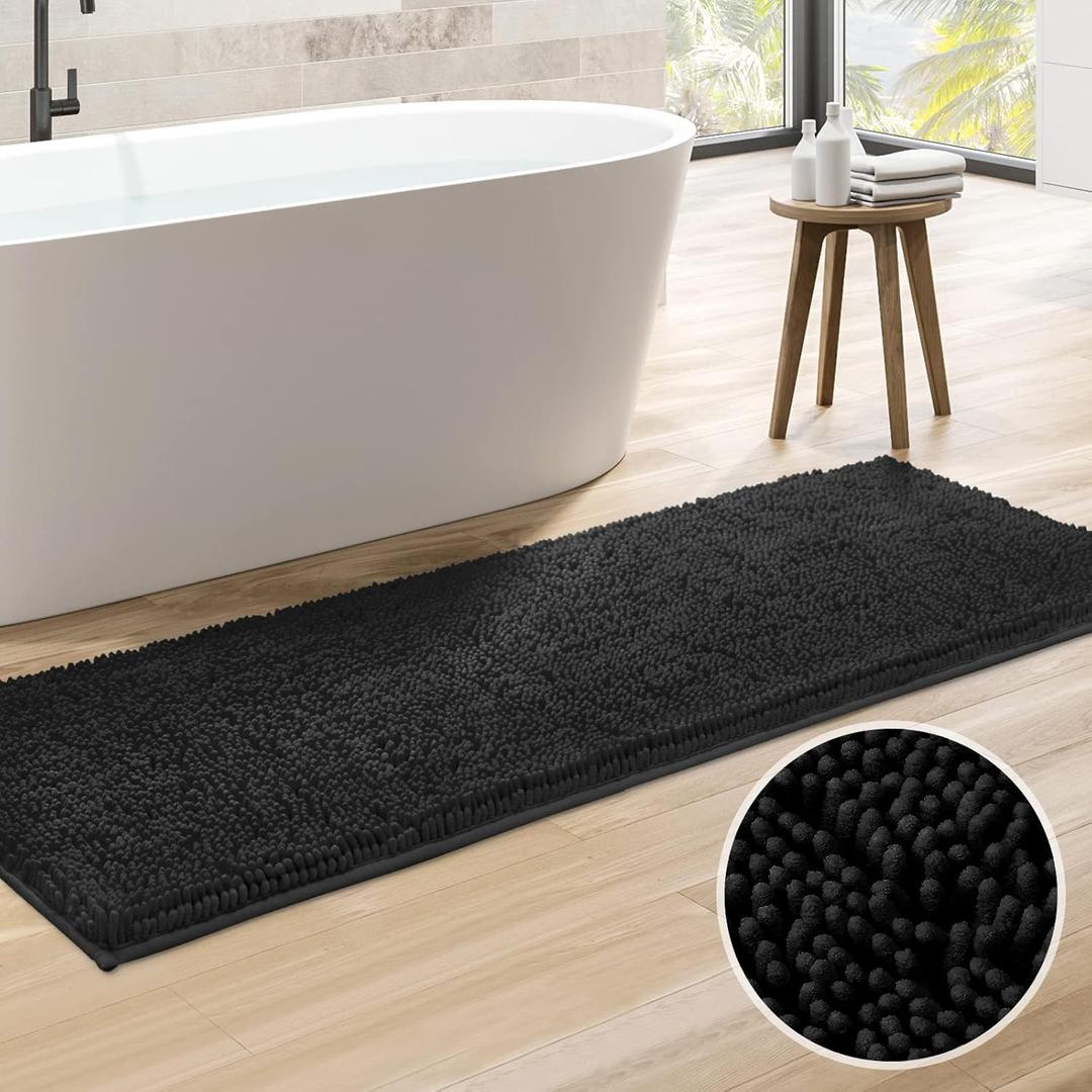HOMEIDEAS Bathroom Rug Runner Black 20x60 inch, Ultra Soft and Absorbent Non-Slip Long Bath Rug, Thick Chenille Plush Machine Washable Shower Floor Carpet (1'8" x 5' (Runner))