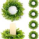 6 Pcs Artificial Boxwood Candle Rings Wreaths Mini Green Kitchen Cabinet Wreath Table Centerpieces Spring Summer Wreaths for Front Door Porch Outside All Season Farmhouse Wedding Party Decor