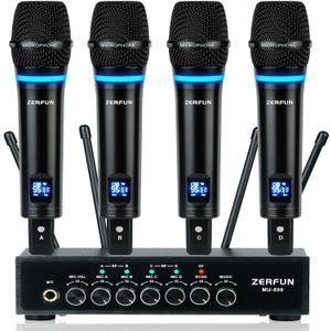 4 Channel Rechargeable Wireless Microphone System, Pro UHF Metal Handheld Wireless Microphones Cordless Mics with Echo Bluetooth VOL Channel Control for Karaoke Singing Church(MU-898)