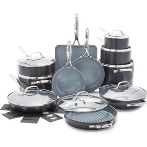 GreenPan Valencia Pro Ceramic Nonstick 22 Piece Cookware Set, Hard Anodized PFAS-Free Pots & Pans, Induction Ready, Compatible on All Cooktops, Dishwasher Safe, Oven Safe to 600F, Gray