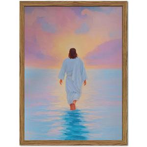 Pink Jesus Walking On Water Wall Art Painting Pink Christian Girl Wall Decor 3D Textured Sandstone Religious Artwork for Living Prayer Room Bedroom 12x16 inch Wood Framed