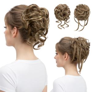 SARLA 2PCS Messy Bun Hair Pieces for Women Wavy Curly Synthetic Hairpieces for Updos with Tendrils Fake Scrunchies Ponytail Extension Brunette/Ash Blonde