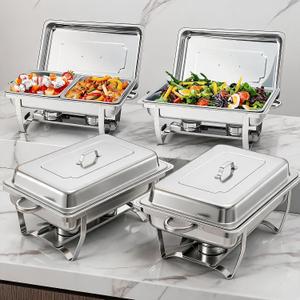 GarveeHome Chafing Dishes for Buffet 4 Pack, 8 Qt Stainless Steel Chafers and Food Warmers Sets with 6 Food Pans, Rectangle Chafing Dish Buffet Set for Catering Wedding Party, Silver