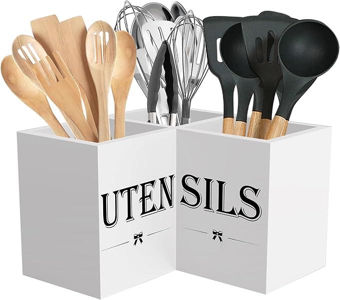 Suli Extra Large Kitchen Utensils Holder with 3 Compartments,Corner Utensil Caddy for countertop,Wooden Utensil Organizer for Kitchen Countertop, Farmhouse Decor- White