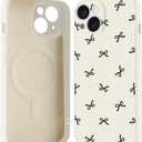 for iPhone 15 Pro Max Case, Compatible with MagSafe, Cute Black Bow Magnetic Phone Case, White Liquid Silicone Soft Slim Fit Protective Cover for Women Girls