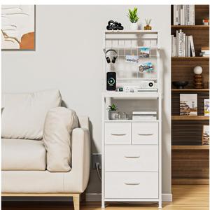 YGYQZ 53'' Tall Nightstand with Charging Station, Bedside Table with LED Lights, End Table with 4 Drawers and Storage Shelves, Night Stand with Pegboard for Bedroom, White