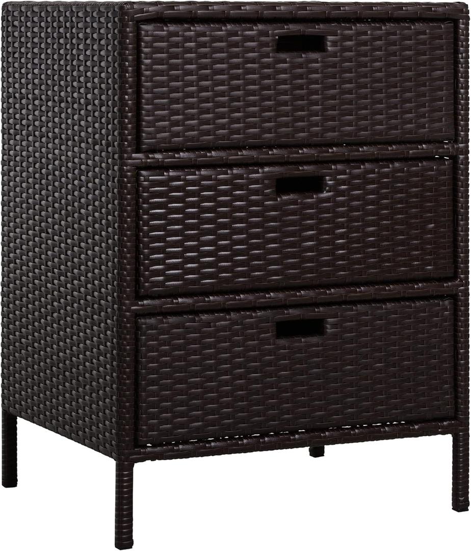 Outsunny Outdoor Towel Cabinet, PE Rattan Pool Storage Organizer, Freestanding Outdoor Towel Rack for Pool with 3 Drawers and Weather Safe Material, Brown
