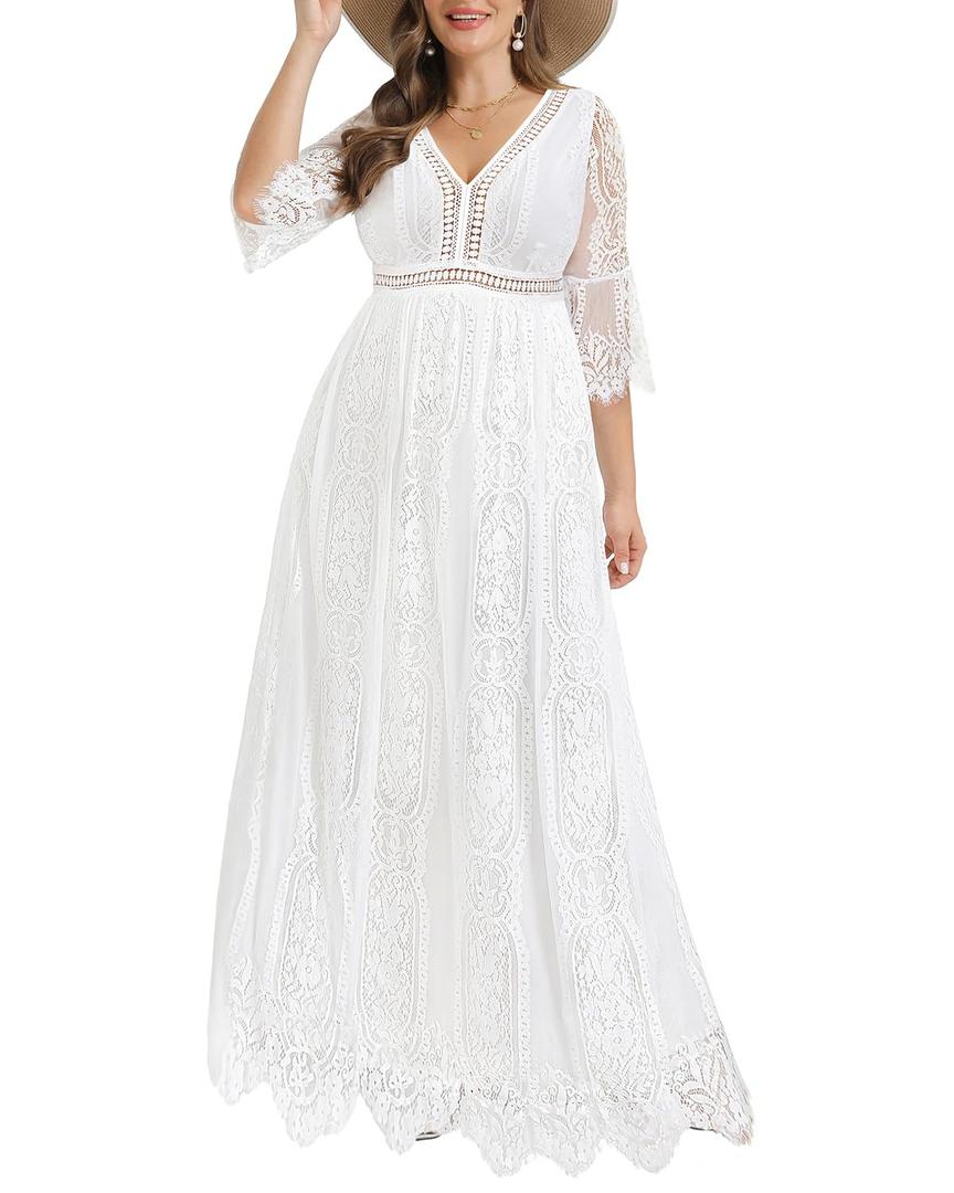 Plus Size Wedding Dress Boho - Maxi Bridal Shower Bohemian Formal Lace Long Dresses, 14 Plus