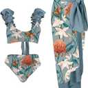 Women's One Piece Swimsuit with Cover Up Set Wrap Skirt Sleeveless Floral Beach Swimwear Sarong Bathing Suit (Medium, Blue)