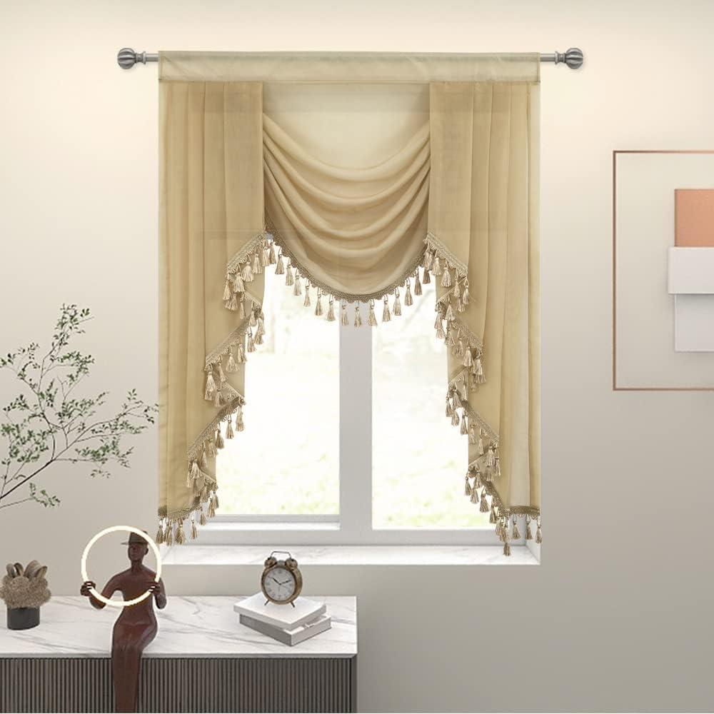 Beige Waterfall Sheer Window Curtain Valance for Living Room - Tassels Swag Curtain Valance for Bedroom, Valance for Kitchen, 1 Panel, Width 39 Inch