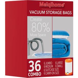 36 Pack Vacuum Storage Bags with Electric Pump, Vacuum Seal Bags for Clothing, Pillows, Blanket, Bedding, Comforters,Includes 6 Jumbo,6 Large,6 Medium,6 Small,6 Travel bags and 6 small Travel bags