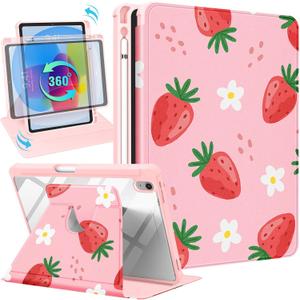for iPad A16 Case - for iPad 10th Generation Case 10.9 Inch Kids Girls Women Cute Strawberry Girly Pretty Kawaii Floral Rotating Stand Folio Tablet Cover for Apple 10/11 2025