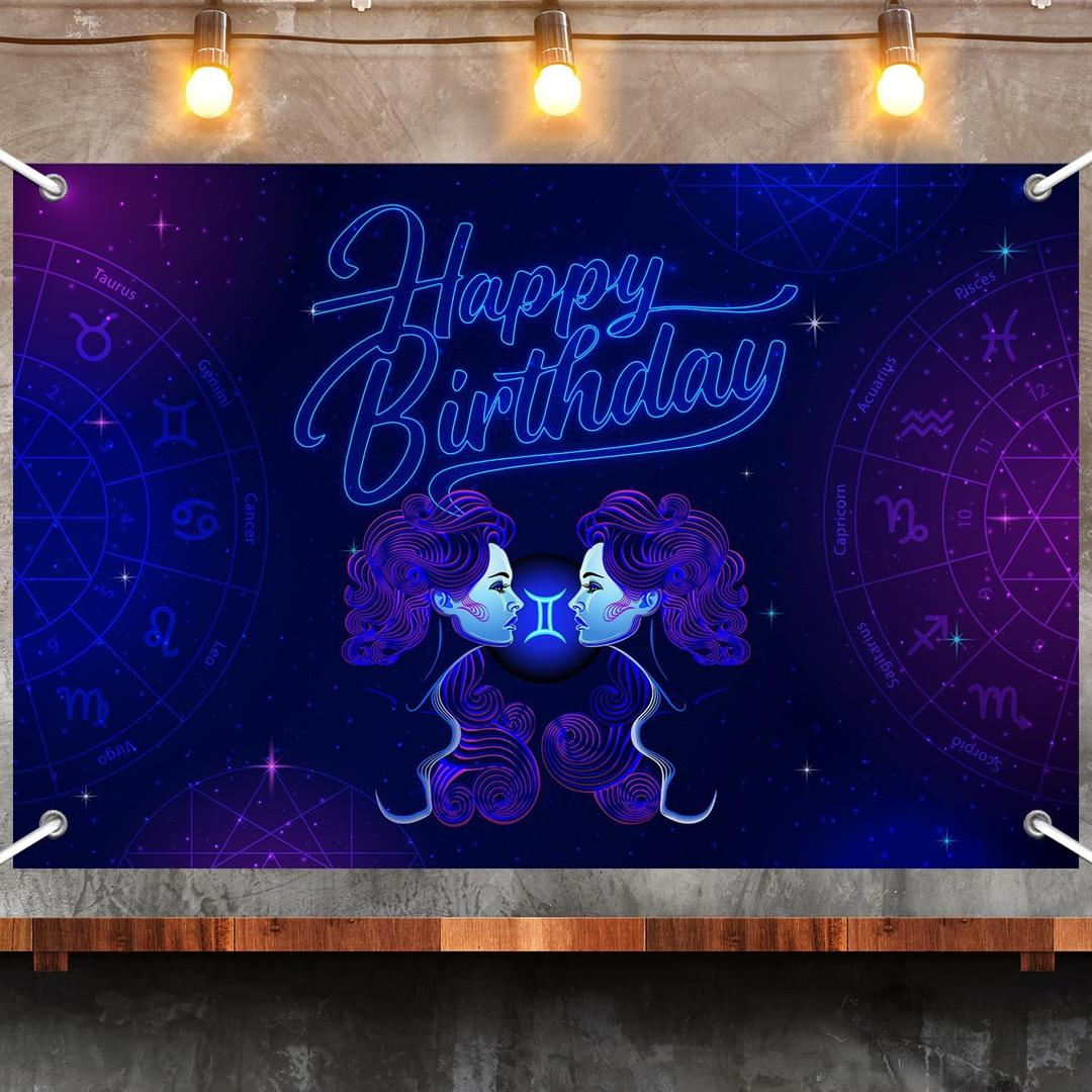 Gemini Happy Birthday Backdrop, Blue and Silver Birthday Background Drapes for Men Women Kids Boys Girls, 12 Constellation Zodiac Theme Birthday Party Decorations Supplies, 3.6ft x 6ft
