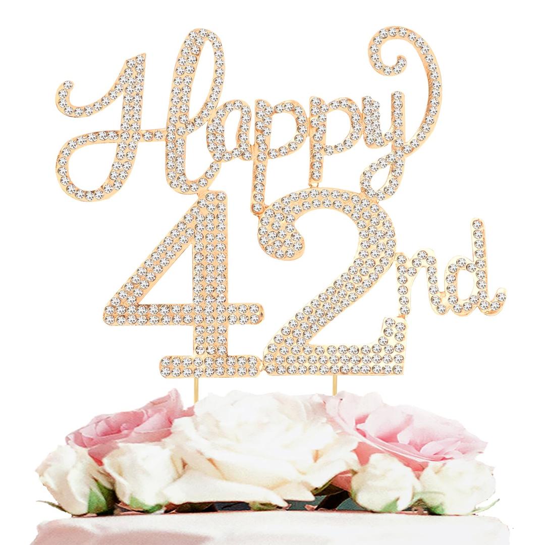 Happy 42nd Birthday Decorations,42nd Birthday Gold Rhinestone Cake Topper - Cheers to 42 Years Old Bday Party Metal Sparkly Cake Centerpieces Sign.
