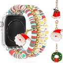 Christmas Beaded Watch Band Compatible with Apple Watch Band for Women 49mm 46mm 45mm 42mm 41mm 40mm 38mm Holiday Elastic Charm Beaded Bracelet Watch Strap for Apple Watch Ultra2/Ultra Series 10/9/8/7/6/5/4/3/2/1 SE (Xmas)