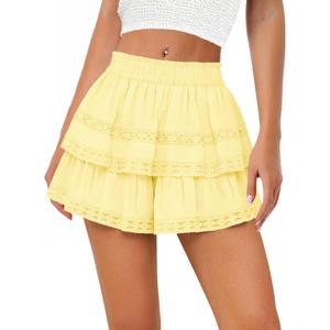 Women's Flowy Summer Shorts for Women Lace Layered Ruffle Pleated High Waist Mini Skirts Casual Swing Beach Skorts (Yellow)