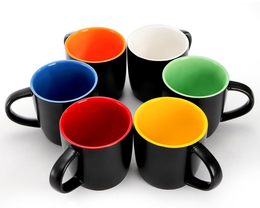 Coloch 6 Pack Ceramic Coffee Mug Set, 10 Oz Porcelain Coffee Cups Colorful Inside Milk Mugs Restaurant Serving for Water, Cappuccino, Cocoa, Home, Cafe, Dishwasher Safe