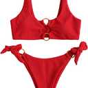 ZAFUL Women's Ribbed O-Ring String Bikini Swimsuit Cheeky Thong Swimwear Two Pieces Bathing Suit (34_red), Small
