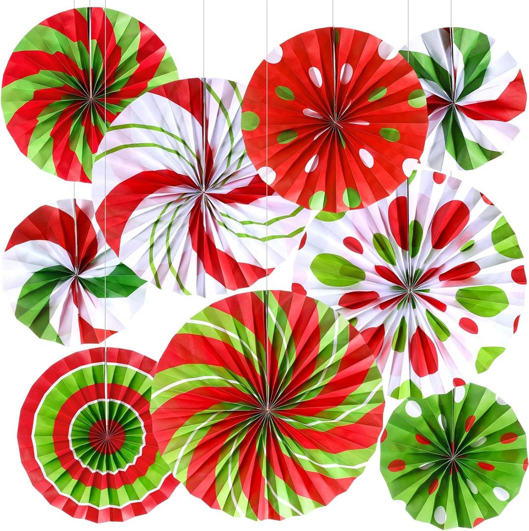 Outus Christmas Hanging Decorations Candy Paper Fans Peppermint Hanging Paper Fans Candy Cane Ceiling Wall Decor for Christmas Party Classroom Birthday Party (9 Pcs, Red and Green)