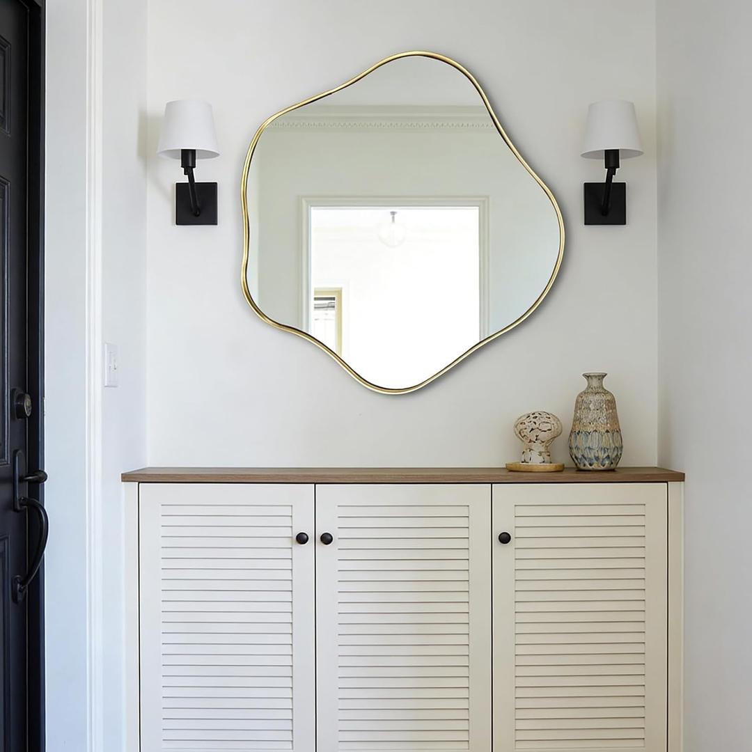 Asymmetrical Wall Mirror, 24" Irregular Shaped Mirror with Gold Frame, Wavy Round Mirrors Decorative, Modern Scalloped Mirrors for Living Room Bathroom Bedroom Hallway Entryway Fireplace