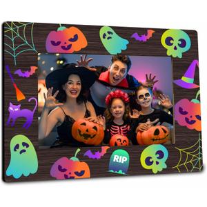 Happy Halloween Photo Frame - Wooden Photo Frame, Holds 4" x 6" Photos, Pumpkin Ghost Theme Horror Decorations for Photo Display, Home, Office Decoration or as Gift - A01