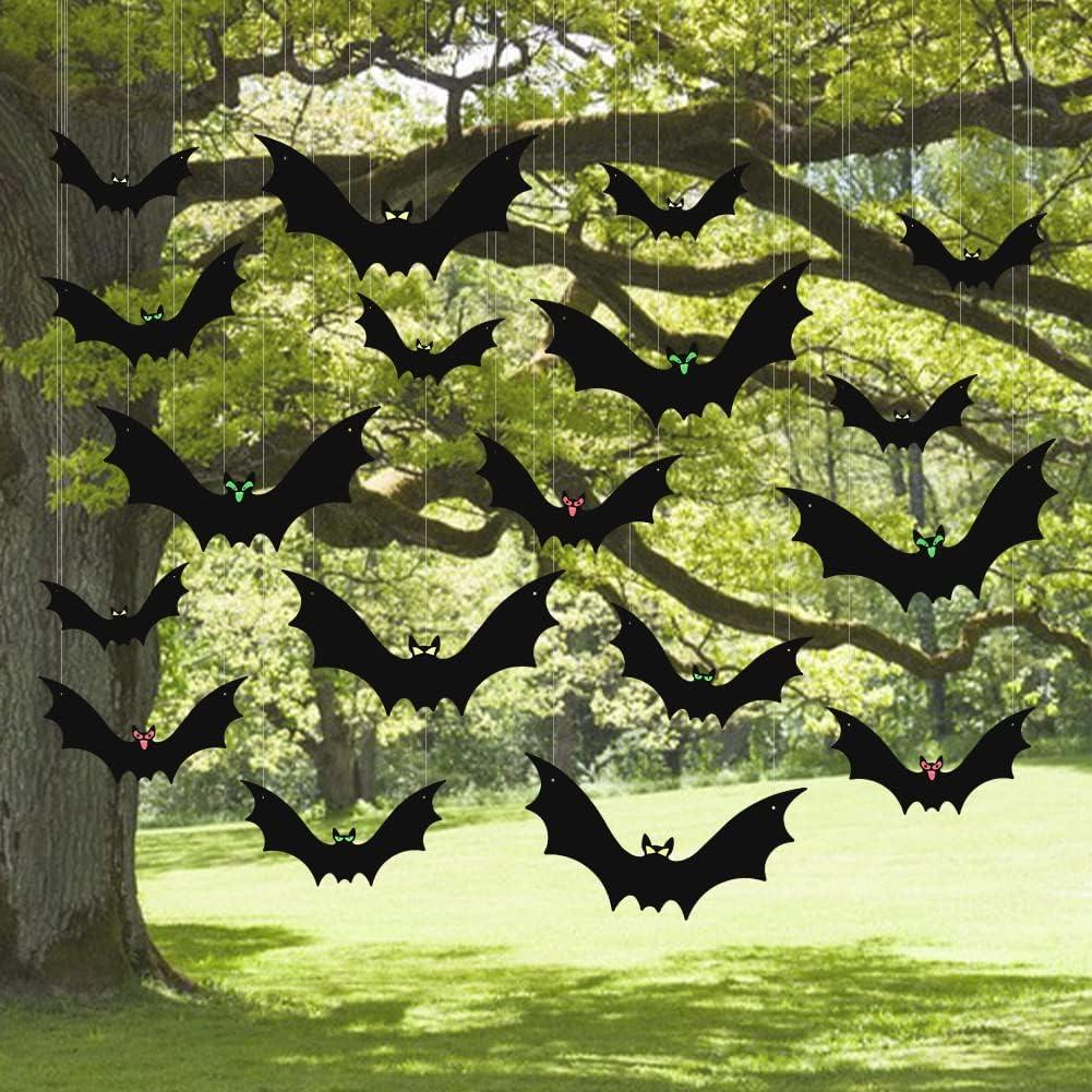 (18 Pcs) Hanging Bats Halloween Decoration Outside, Large Flying Plastic Bats Outdoor Decor, 3 Different Sizes with Cute Eye Stickers for Hanging in The Tree, Porch, Yard, Lawn, Indoor