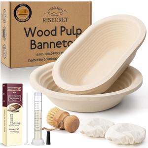 Non-Stick Wood Pulp Banneton Bread Proofing Basket Set With Aliquot Jar, 9" Round & 10'' Oval Sourdough Banneton Basket Kit, Bread Making Tool Sourdough Starter Kit with Proofing Bowl