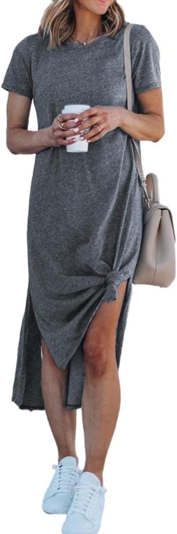 Alaster Womens Casual T-Shirt Midi Dress 2025 Short Sleeve Summer High Splits Dress with Pocket High Low Solid Midi Dress (XX-Large, Grey)