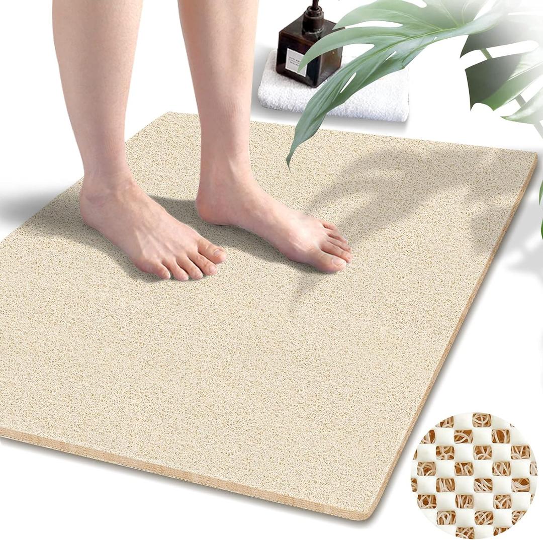 godehone Shower Mats Non Slip Without Suction Cups, PVC Loofah Bathroom Mats, Loofah Mats for Shower and Bathroom, Quick Drying, 23.6 34.6 Inch, Beige