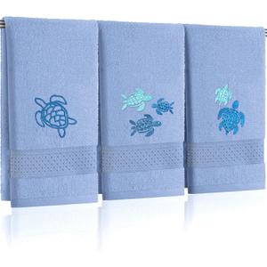 Hahafelt 3 Pack Sea Turtle Coastal Hand Towels for Bathroom 100% Cotton Embroidered Beach Bathroom Towels 13.78 x 29.53 Inch Soft Absorbent Ocean Turtle Bath Towel Gift for Holiday Summer, Blue