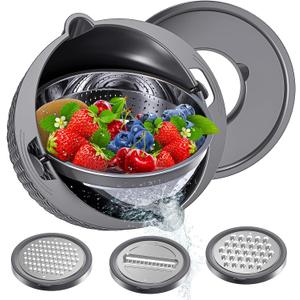 4-1 Colander with Bowl Set - Colander for Kitchen - Strainers and Colanders - Pasta Strainer - Funny Presents for Women - Fruit Cleaner Veggie Wash Kitchen Essentials, Grey 