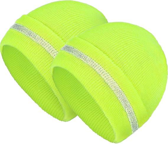 Geyoga 6 Pack High Visibility Reflective Beanie Hat with Reflective Stripe Safety Beanies Hat for Outdoor Work Sports & More(Fluorescent Green)