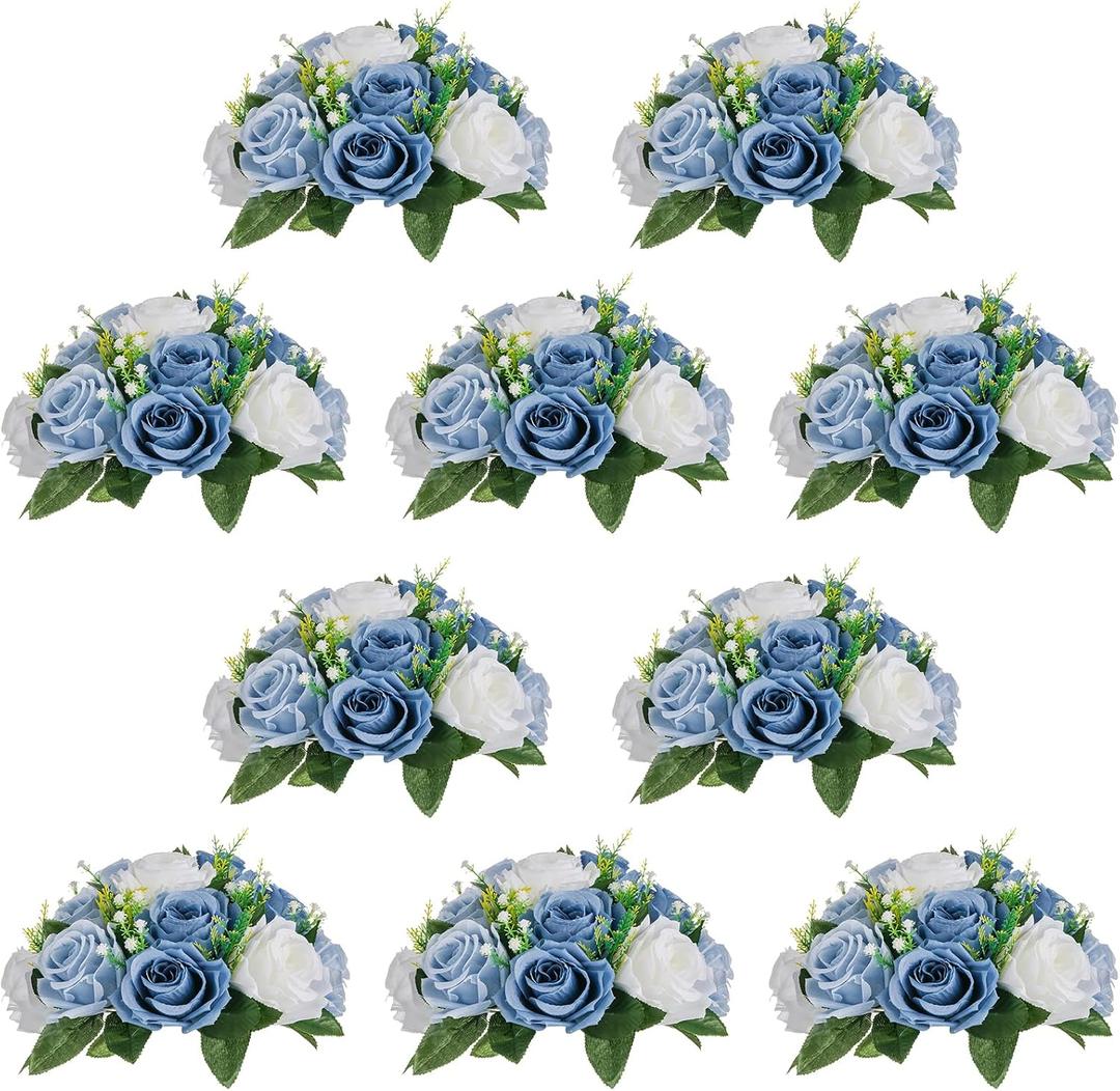NUPTIO Flower Ball Arrangement Bouquet - 10 Pcs 9.5 inch Diameter Dusty Blue Fake Flowers Roses Balls for Centerpieces Tables - Artificial Rose Arrangements for Wedding Centerpiece Table Decorations