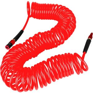 Heavy Duty Polyurethane Recoil Air Hose 1/4 in x 50 ft, Lightweight, Flexible Compressor Hose with Universal Quick Coupler, I/M Plug and Bend Restrictors, Red