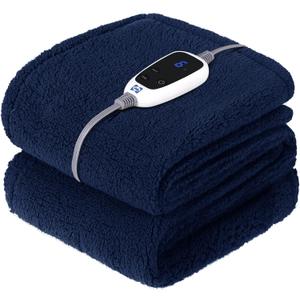 Sealy Electric Blanket Heated Throw 50"x60" Soft Double Sherpa Super Cozy with 6 Fast Heating Levels & 2-10 Hours Auto-Off, Over-Heat Protection, Machine Washable, Navy Blue