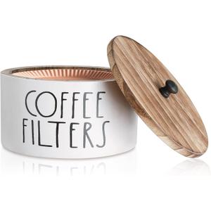 MINCORD Wooden Coffee Filter Holder With Lid - Rustic Storage Container and Dispenser Basket for Coffee Bar Decor, Farmhouse Accessories - White