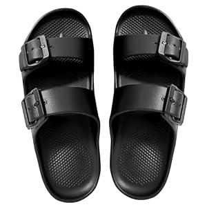 Trailvia Men's Women's Sandals, Comfortable Beach Slippers Durable Waterproof EVA Flat Slides Black Sandals with Adjustable Buckle, Non-Slip Footbed & Arch Support for Walking Hiking Outdoor, Footbed Size Men 7 Women 8
