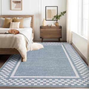 GarveeHome Washable Area Rug 4x6 Small Living Room Rugs Modern Bordered Soft Dining Room Throw Carpet Low Pile Non Slip Checkered Bedroom Rug Geometric Carpet for Nursery Kitchen Home Office, Blue