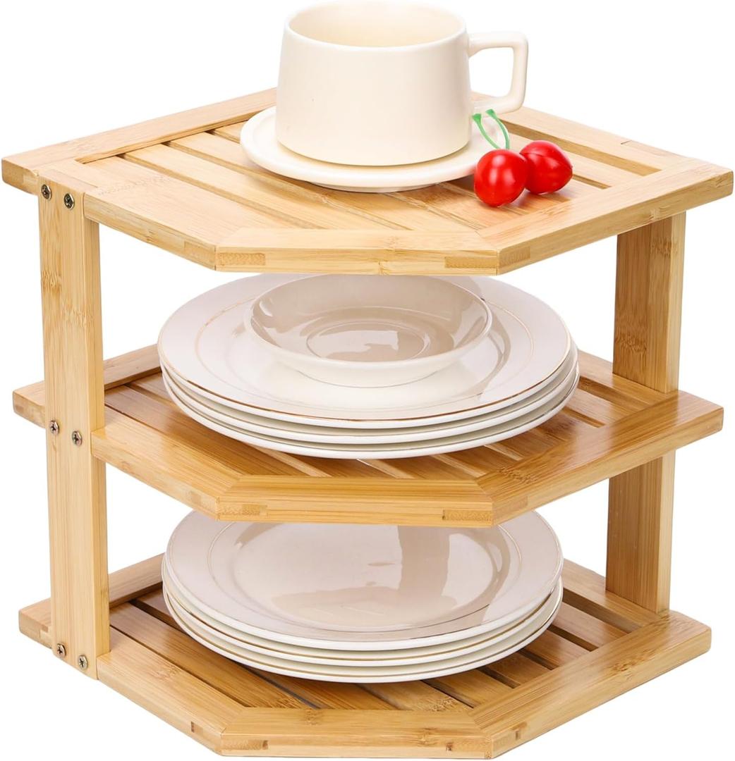 3-Tier Bamboo Cabinet Organizer Shelf Kitchen Corner Rack, Plate Organizer for Cabinet Space Saver, Counter Shelf for Dishes, Bread Pantry, Bathroom Storage Racks or Countertop Racks