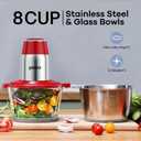 GANIZA Food Processors, Electric Food Chopper with Meat Grinder & Vegetable Chopper - 2 Bowls (8 Cup+8 Cup) with Powerful 450W Copper Motor - Includes 2 Sets of Bi-Level Blades (Red)